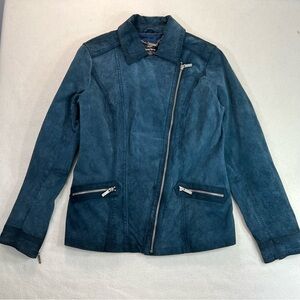 Dennis Basso Teal Bluegreen Suede Moto Zip Jacket  100% Leather Shell. Size (XS)